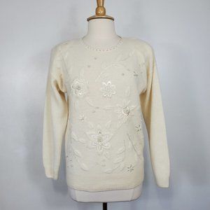 Vintage Spice of Life Cream Beaded Embroidered Lambs Wool Angora Sweater M
